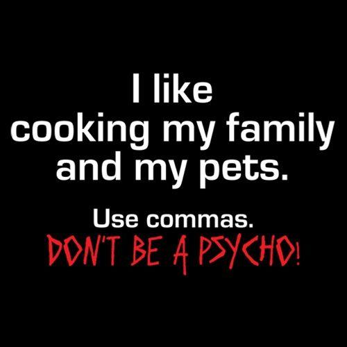 Funny T-Shirts design "I Like Cooking My Family And My Pets. Use Commas. Don't Be A Psycho T-Shirt"