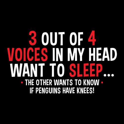 Funny T-Shirts design "3 Out Of 4 Voices In My Head Want To Sleep The Other Wants To Know If Penguins Have Knees T-Shirt"