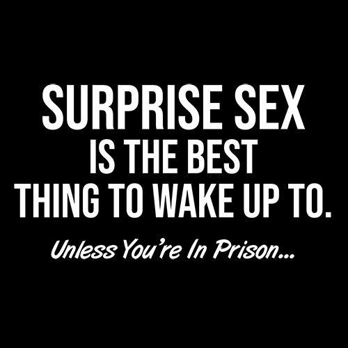 Funny T-Shirts design "Surprise Sex Is The Best Thing To Wake Up To. Unless You're In Prison. T-Shirt"