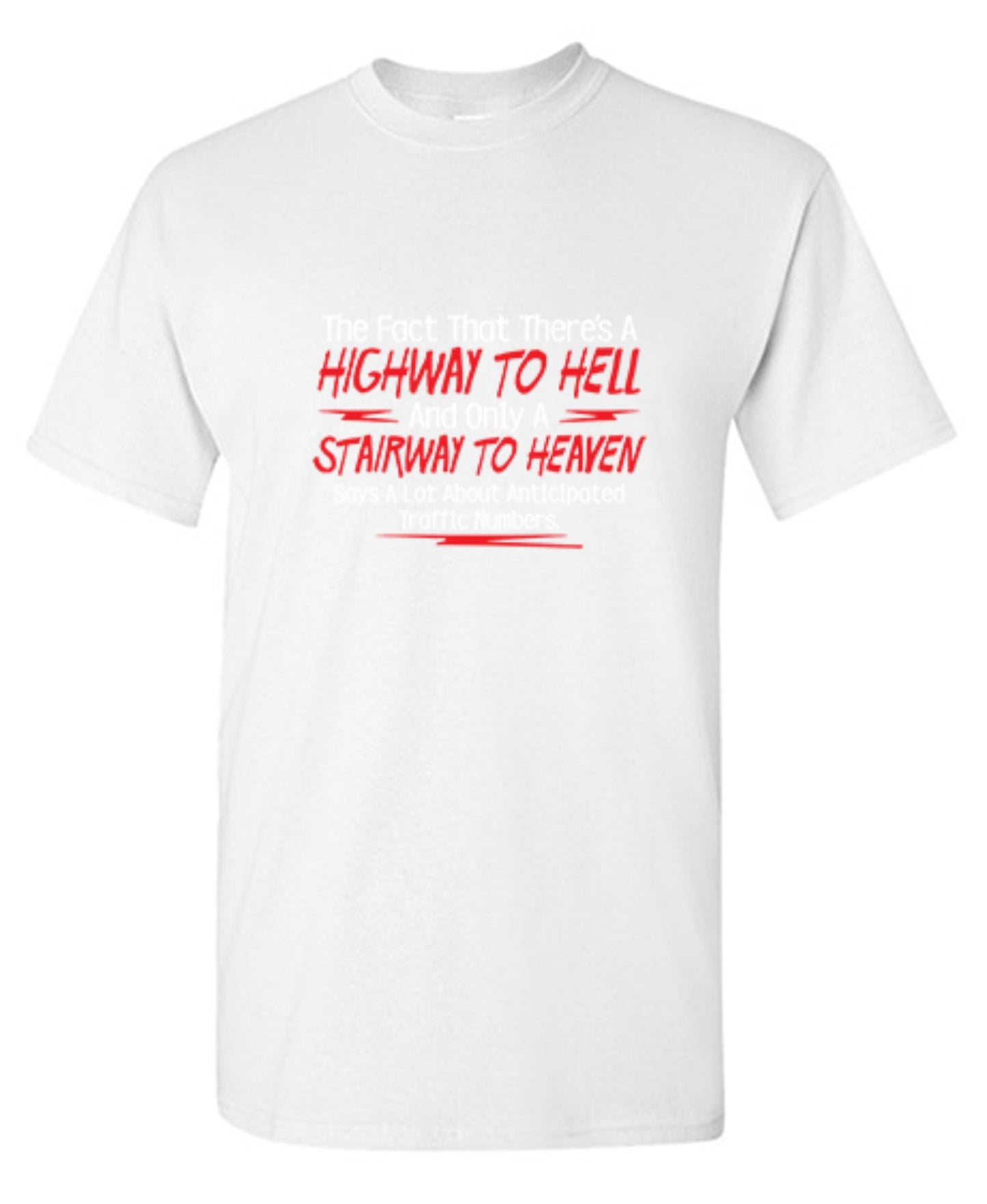 Funny T-Shirts design "The Fact That There's A Highway To Hell and Only A Stairway To Heaven Says A Lot T-Shirt"