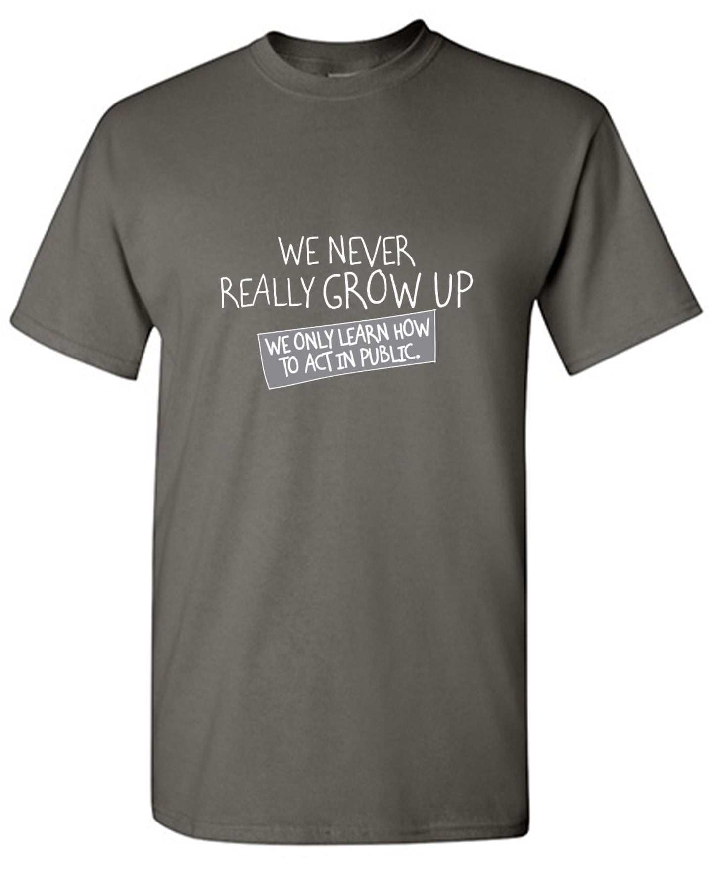 Funny T-Shirts design "We Never Really Grow Up We Only Learn How To Act In Public"