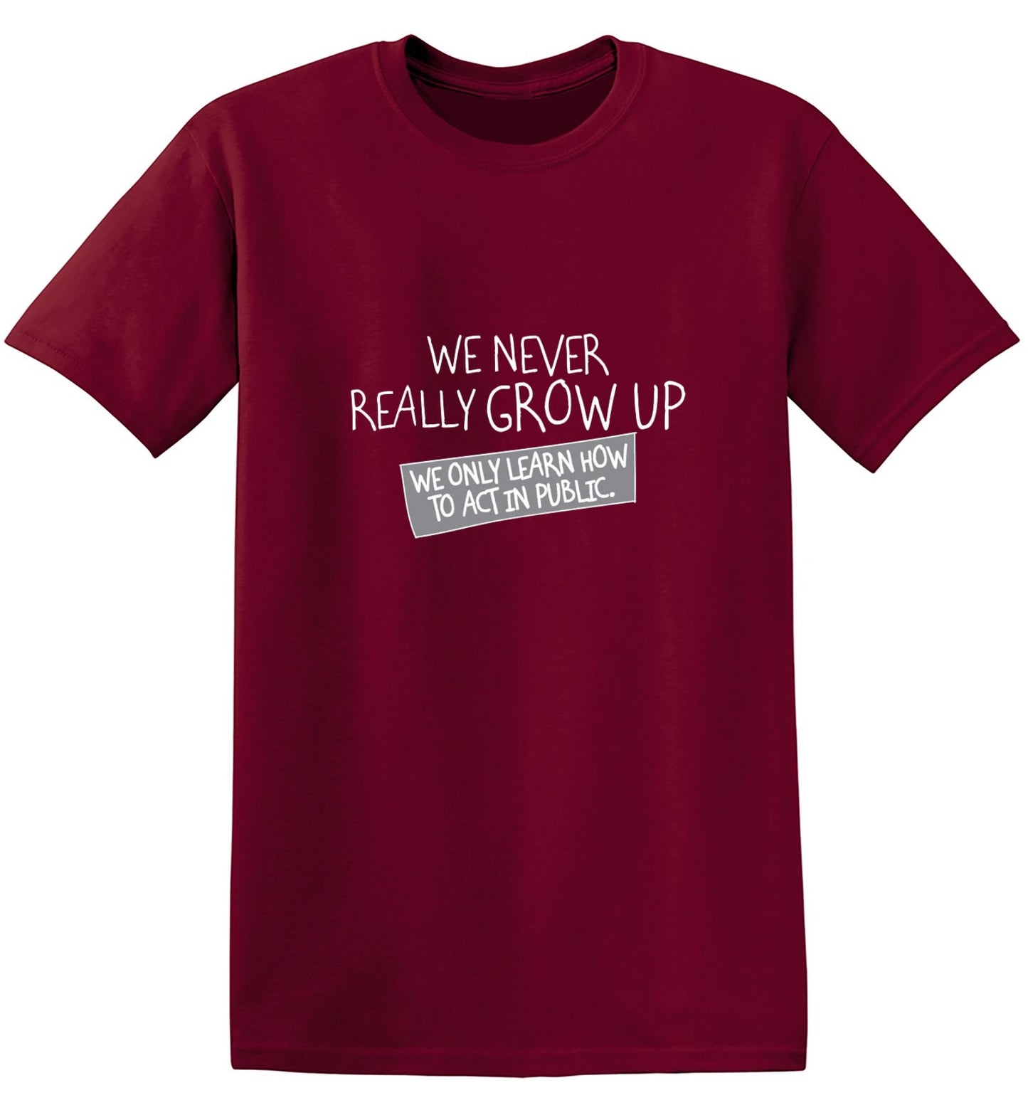 Funny T-Shirts design "We Never Really Grow Up We Only Learn How To Act In Public"