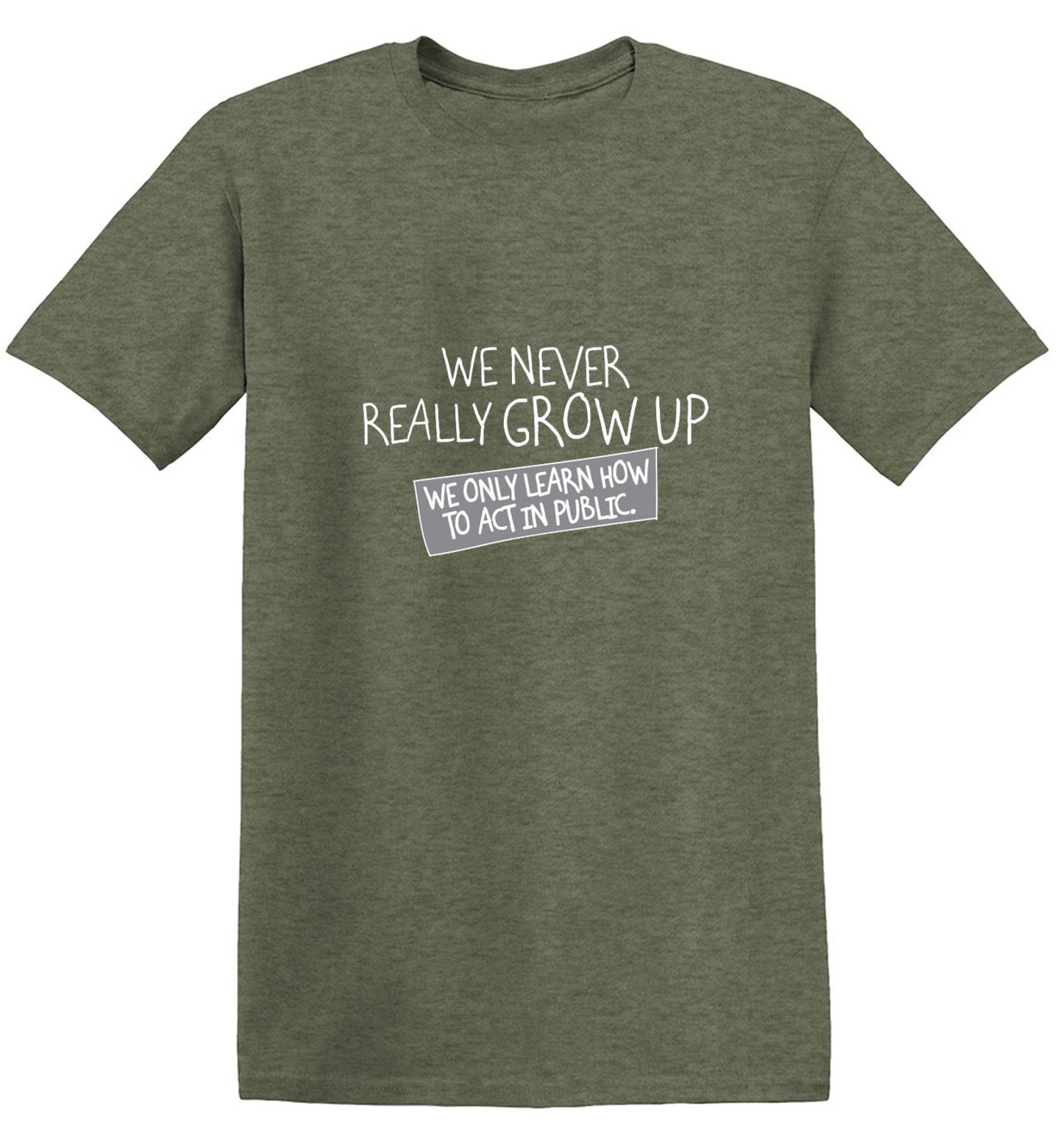 Funny T-Shirts design "We Never Really Grow Up We Only Learn How To Act In Public"