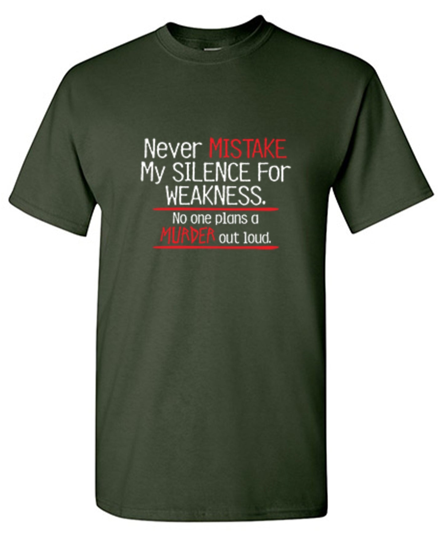 Funny T-Shirts design "Never Mistake My Silence For Weakness No One Plans A Murder Out Loud"