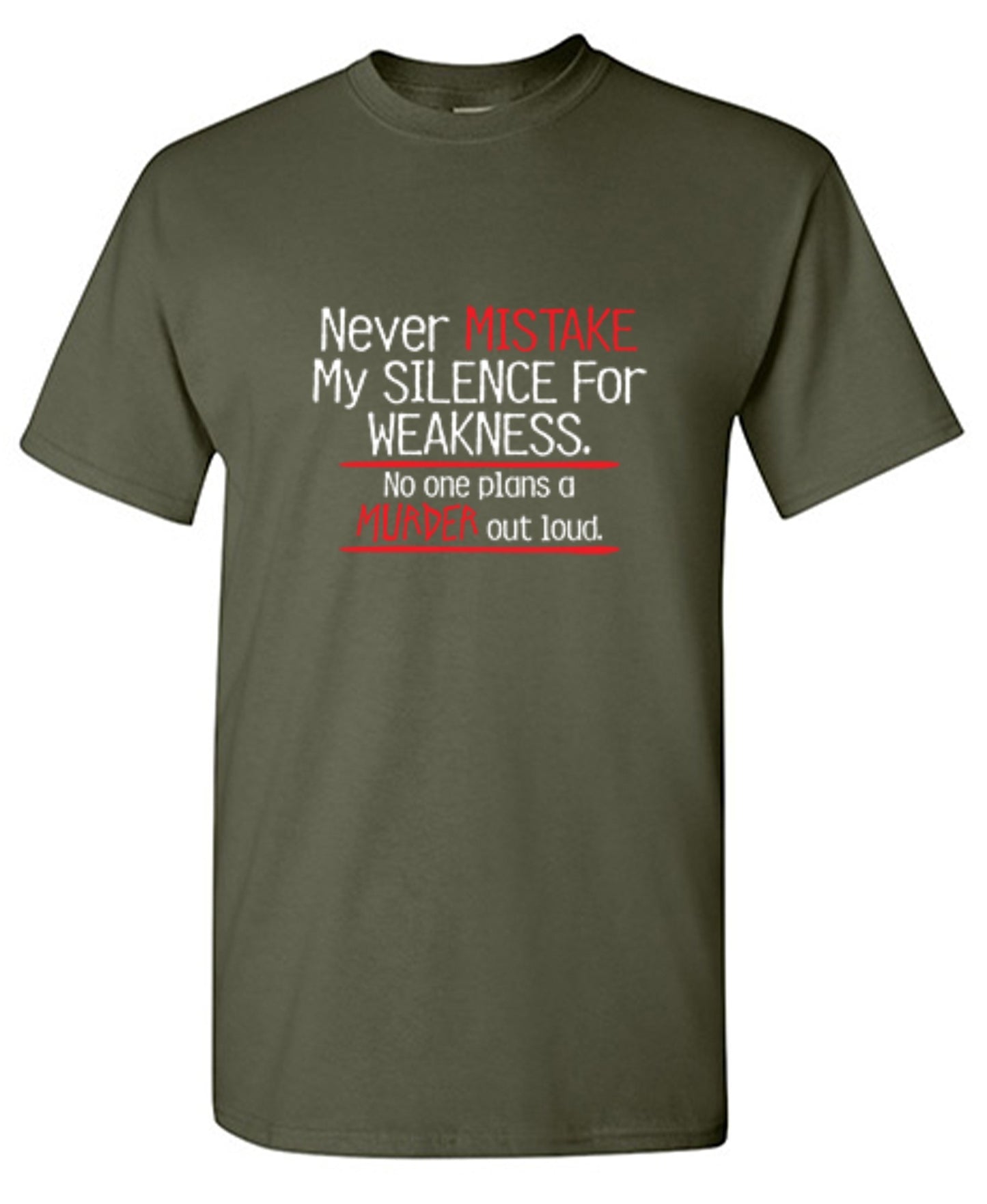 Funny T-Shirts design "Never Mistake My Silence For Weakness No One Plans A Murder Out Loud"