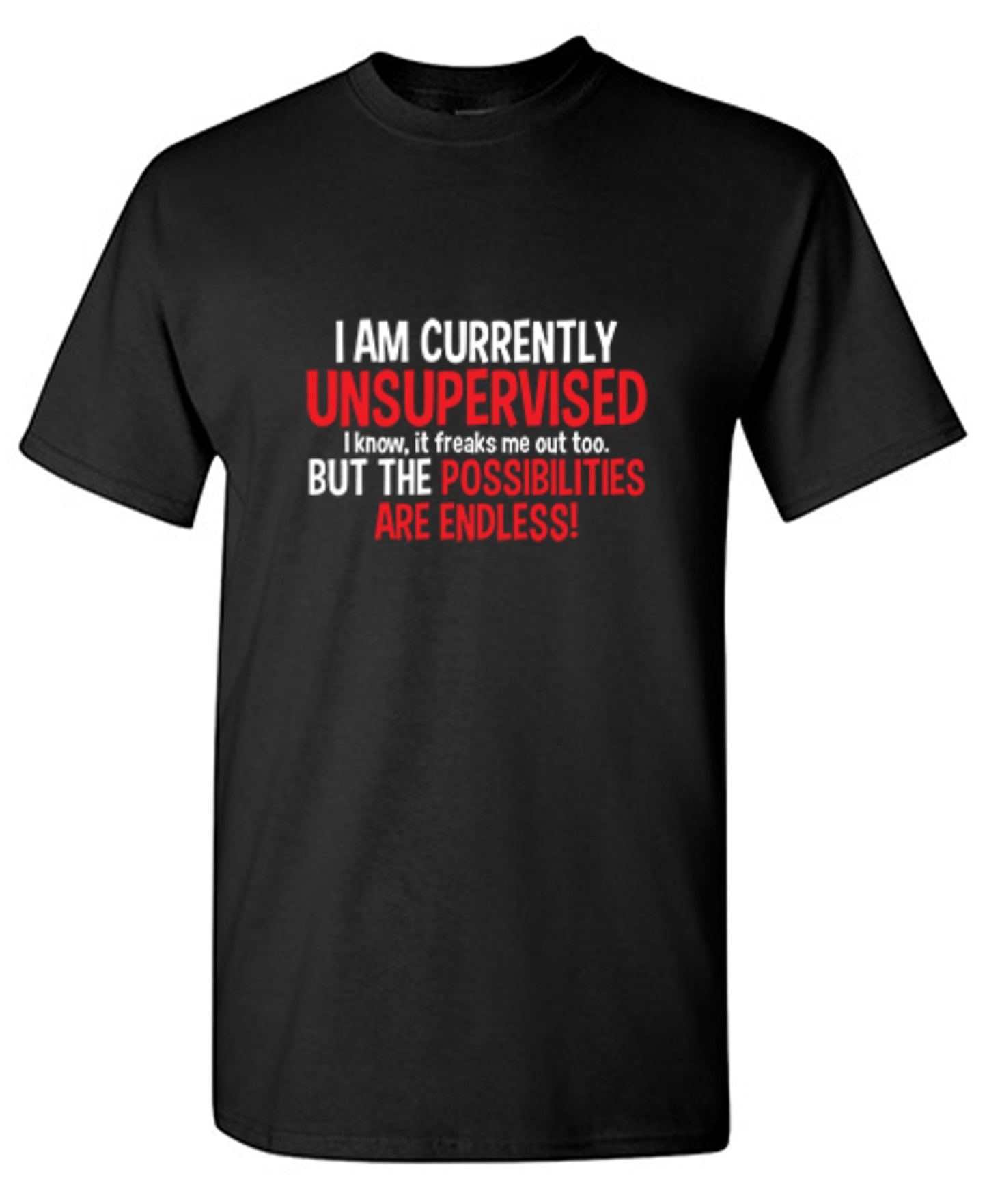 Funny T-Shirts design "I Am Currently Unsupervised - I Know, It Freaks Me Out Too. But The Possibilities Are Endless!"