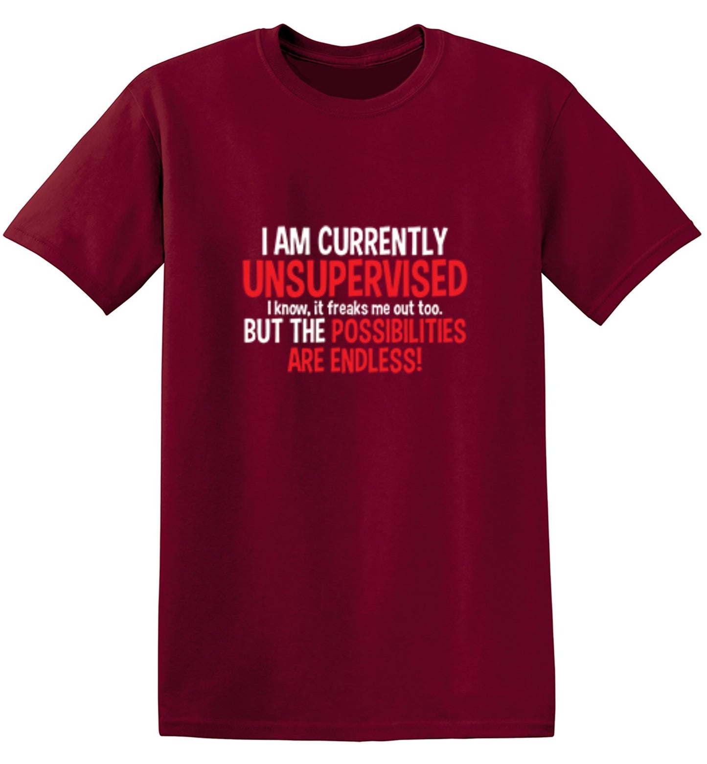 Funny T-Shirts design "I Am Currently Unsupervised - I Know, It Freaks Me Out Too. But The Possibilities Are Endless!"