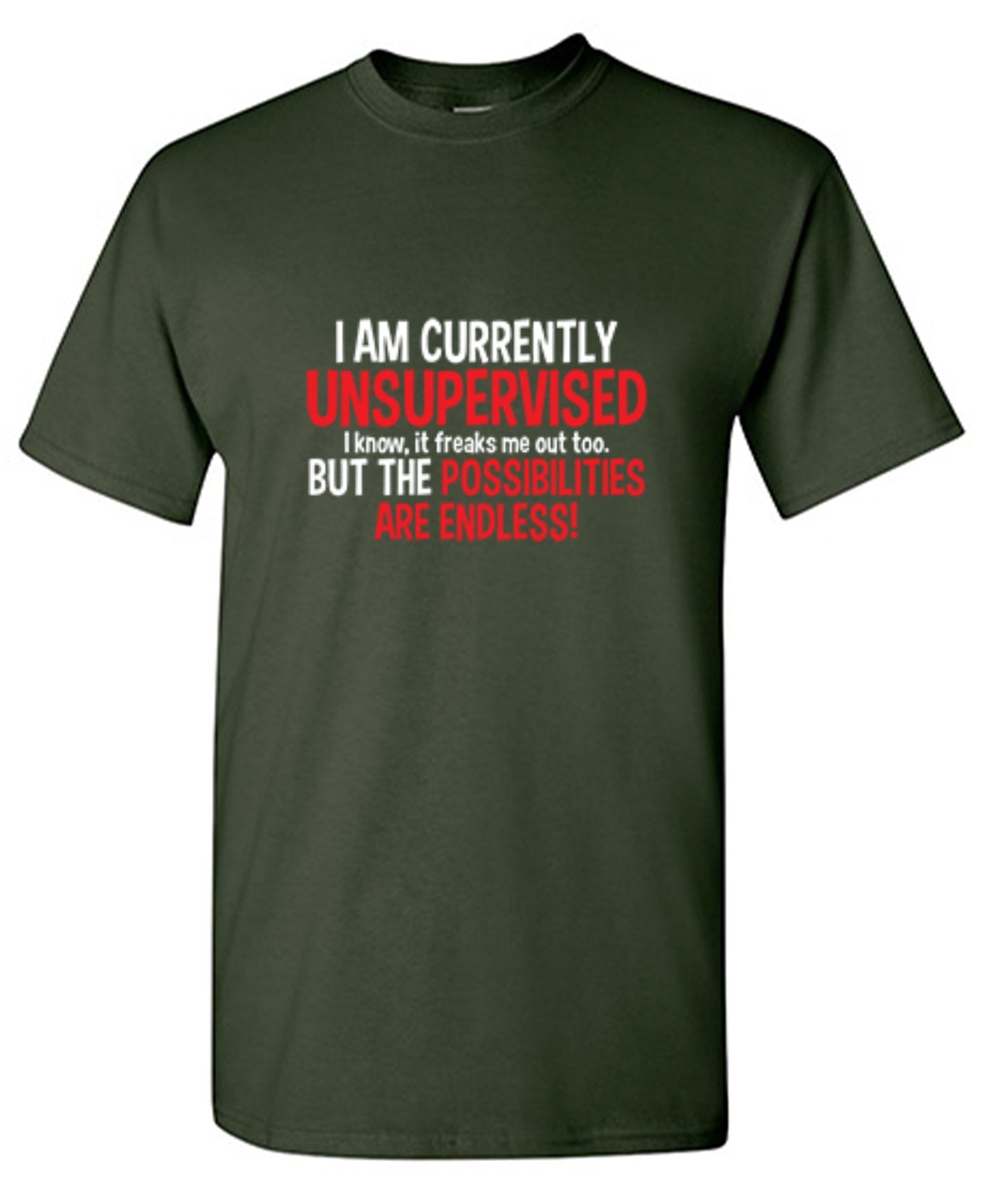 Funny T-Shirts design "I Am Currently Unsupervised - I Know, It Freaks Me Out Too. But The Possibilities Are Endless!"