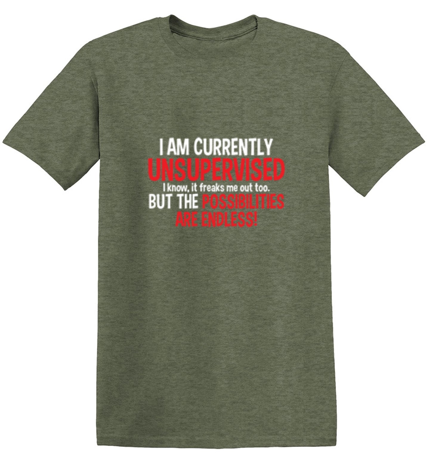 Funny T-Shirts design "I Am Currently Unsupervised - I Know, It Freaks Me Out Too. But The Possibilities Are Endless!"