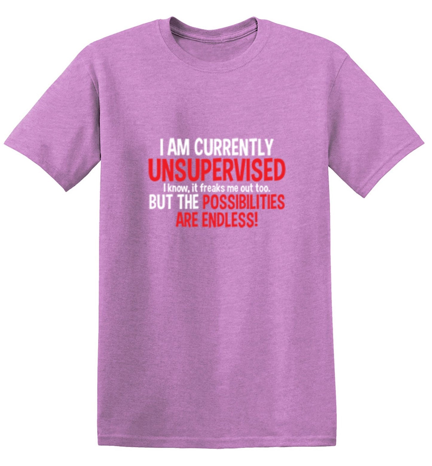 Funny T-Shirts design "I Am Currently Unsupervised - I Know, It Freaks Me Out Too. But The Possibilities Are Endless!"