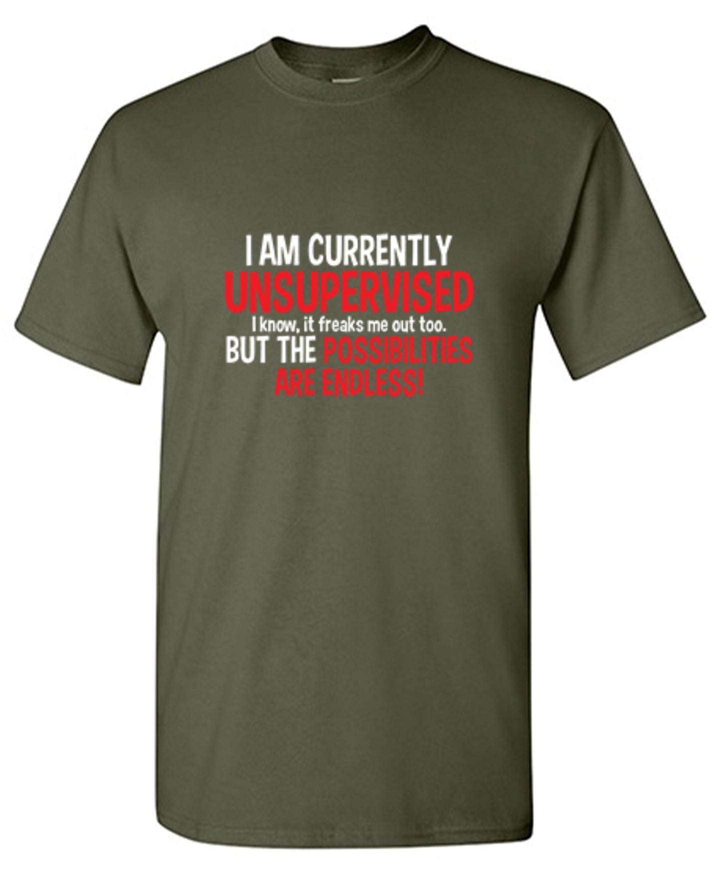 Funny T-Shirts design "I Am Currently Unsupervised - I Know, It Freaks Me Out Too. But The Possibilities Are Endless!"