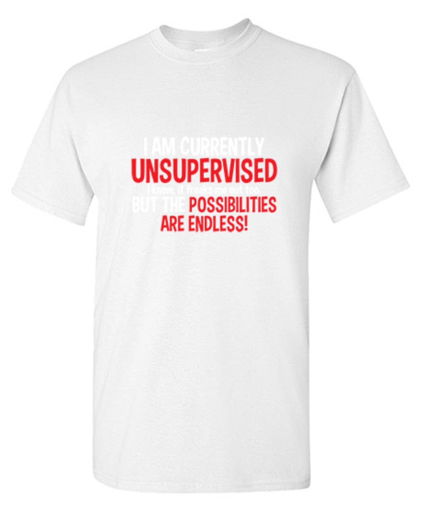 Funny T-Shirts design "I Am Currently Unsupervised - I Know, It Freaks Me Out Too. But The Possibilities Are Endless!"