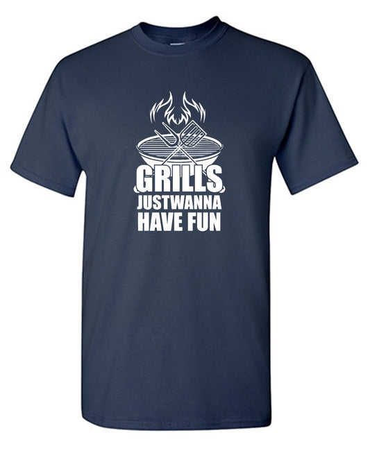 Funny T-Shirts design "GRILLS, Just Wanna Have Fun - T-Shirt for 4th of July"