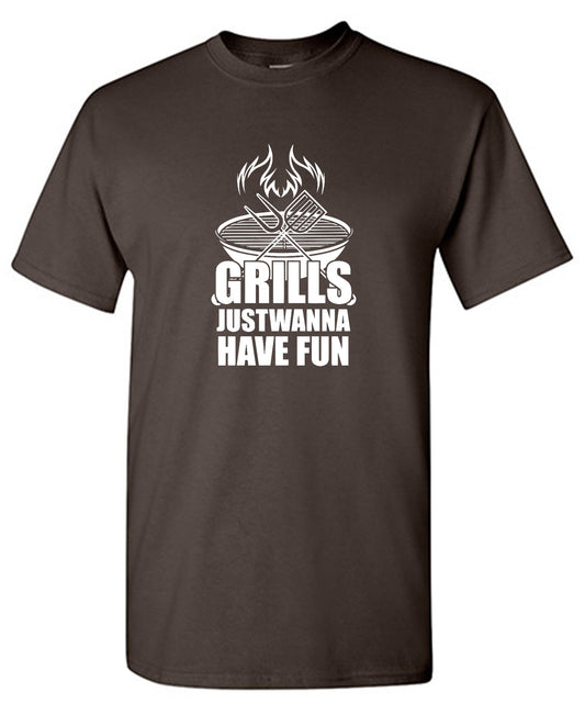 Funny T-Shirts design "GRILLS, Just Wanna Have Fun - T-Shirt for 4th of July"