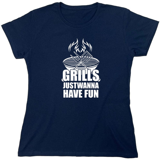 Funny T-Shirts design "GRILLS, Just Wanna Have Fun - T-Shirt for 4th of July - Womens"