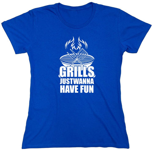 Funny T-Shirts design "GRILLS, Just Wanna Have Fun - T-Shirt for 4th of July - Womens"