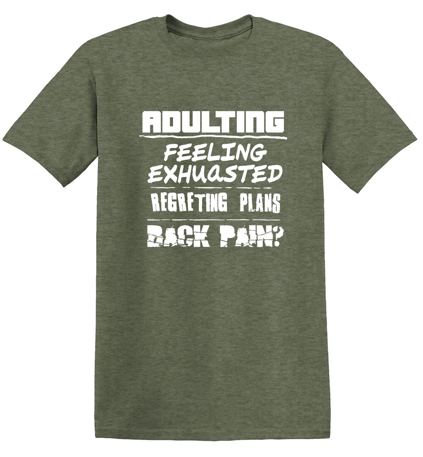 Funny T-Shirts design "Adulting Feeling Exhuasted Regreting Plans Back pain?"