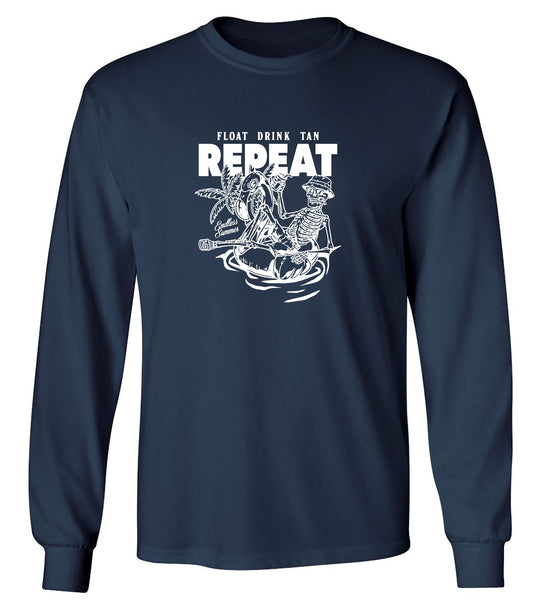 Funny T-Shirts design "Float Drink Tan Repeat Shirt - Long Sleeve"