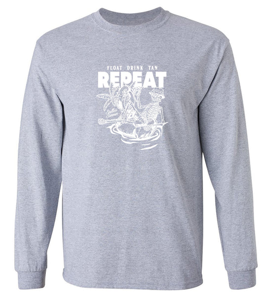 Funny T-Shirts design "Float Drink Tan Repeat Shirt - Long Sleeve"