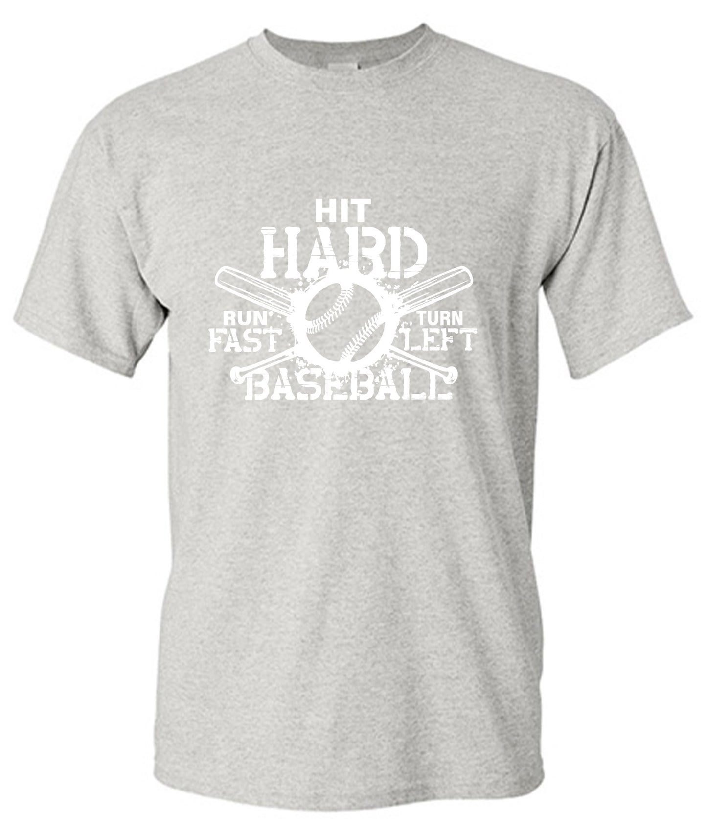 Funny T-Shirts design "Hit Hard, Run Fast, Turn Left Baseball T-Shirt - Tall Tee"