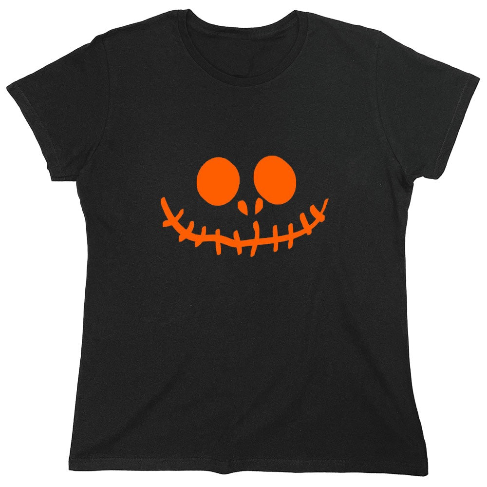 Funny T-Shirts design "Stitched Pumpkin Emoticon T-Shirt - Womens"