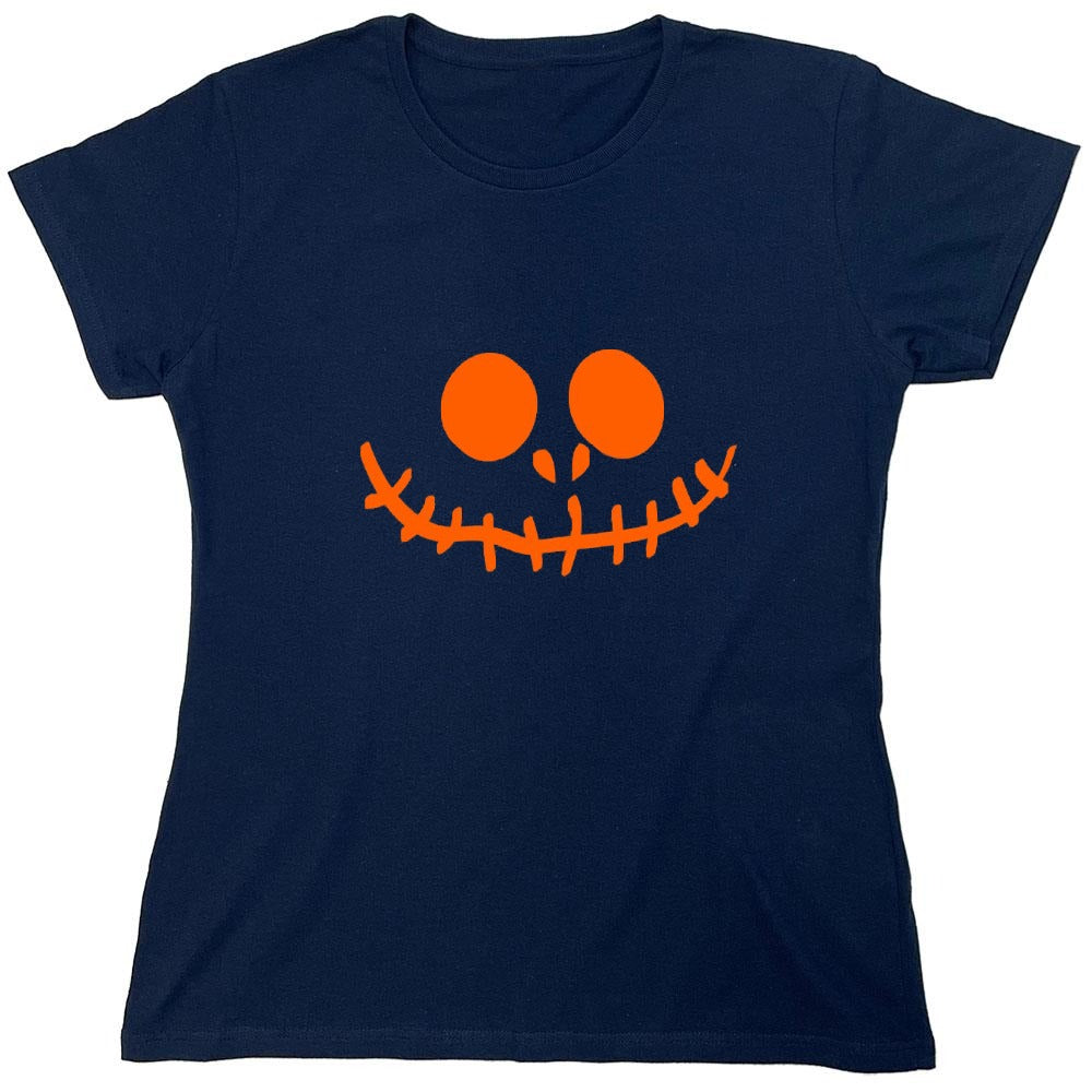 Funny T-Shirts design "Stitched Pumpkin Emoticon T-Shirt - Womens"