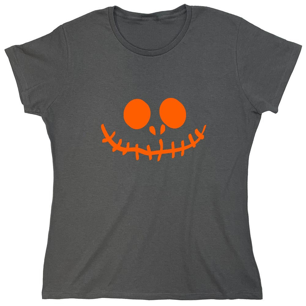 Funny T-Shirts design "Stitched Pumpkin Emoticon T-Shirt - Womens"