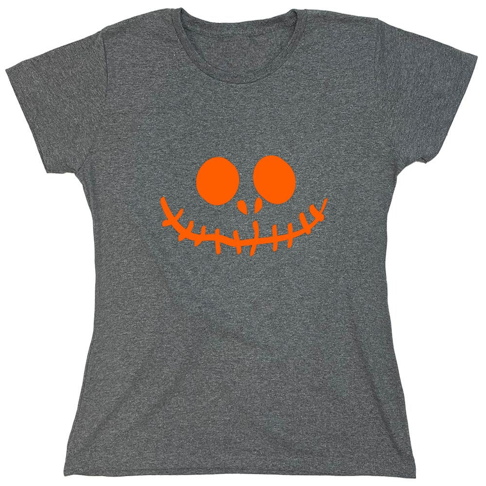 Funny T-Shirts design "Stitched Pumpkin Emoticon T-Shirt - Womens"