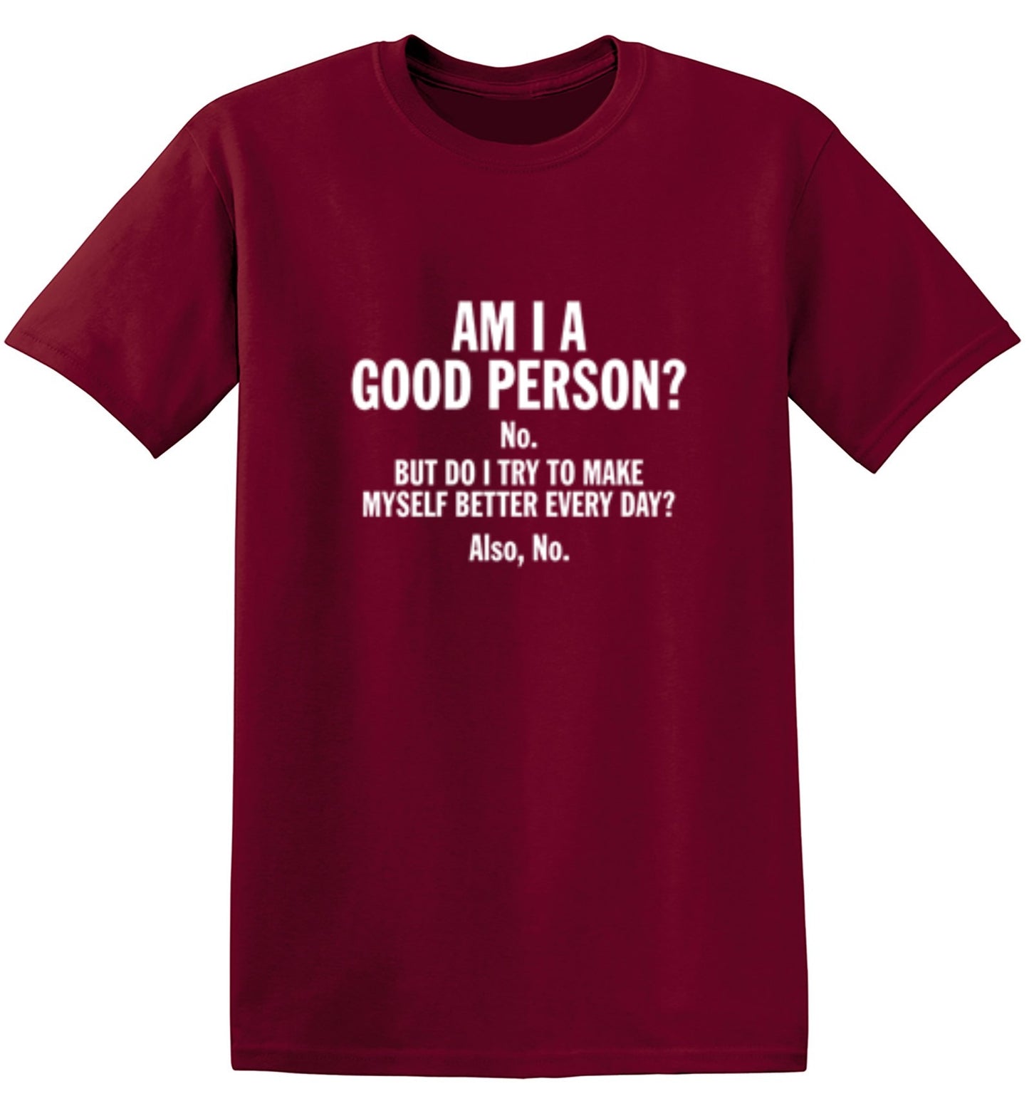 Funny T-Shirts design "Am I A Good Person? No. But Do I Try To Make Myself Better Every Day? Also, No."