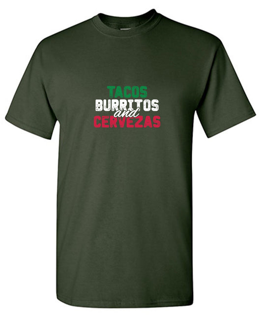 Funny T-Shirts design "Tacos Burritos and Cervezas Funny T-Shirt"