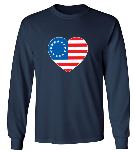 Funny T-Shirts design "Betsy Ross Heart Shaped American Flag - Patriotic T-Shirt - Long Sleeve"