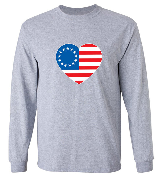 Funny T-Shirts design "Betsy Ross Heart Shaped American Flag - Patriotic T-Shirt - Long Sleeve"