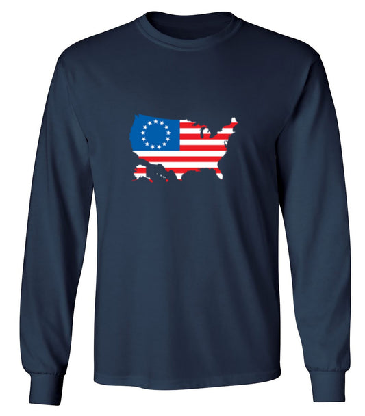 Funny T-Shirts design "Betsy Ross USA Shaped Flag - Patriotic 4th of July Shirt - Long Sleeve"