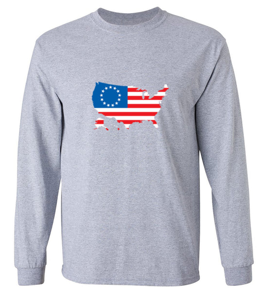 Funny T-Shirts design "Betsy Ross USA Shaped Flag - Patriotic 4th of July Shirt - Long Sleeve"