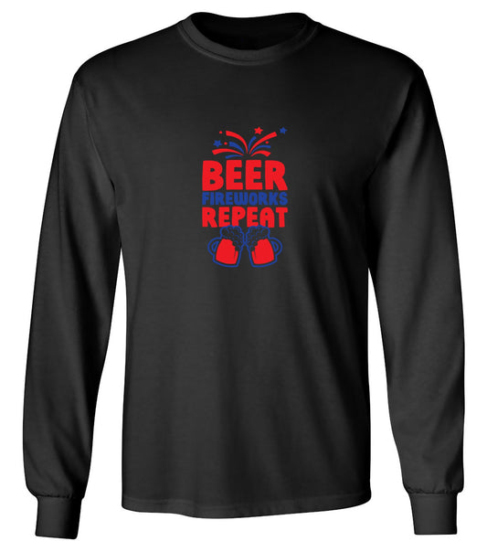 Funny T-Shirts design "Beer, Firewords, Repeat - Funny 4th of July T-Shirt - Long Sleeve"