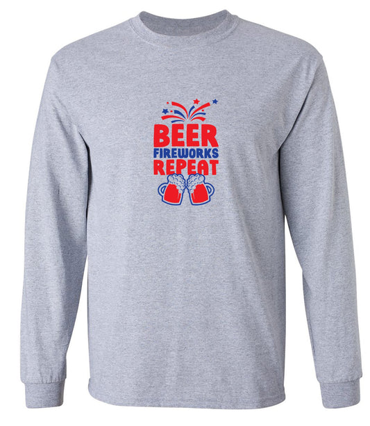 Funny T-Shirts design "Beer, Firewords, Repeat - Funny 4th of July T-Shirt - Long Sleeve"