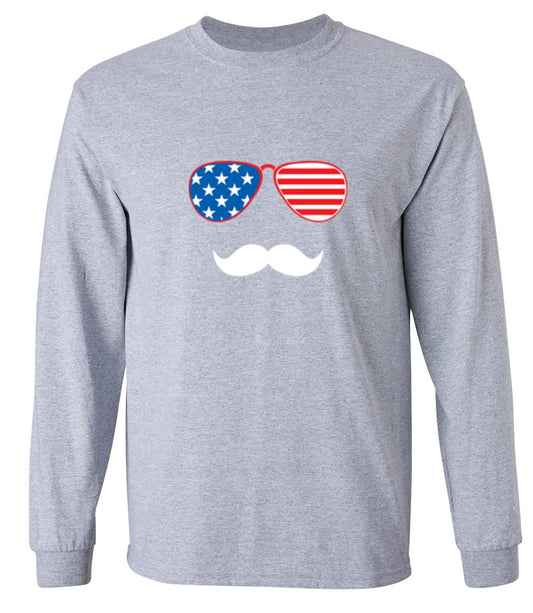 Funny T-Shirts design "Flag Sunglasses Moustache - Patriotic Shirt this Independence Day - Long Sleeve"